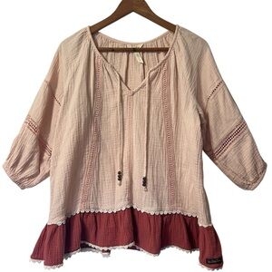 Matilda Jane Call Me Cute Pink Boho Peasant Cottagecore Cotton 3/4 Sleeves Top L